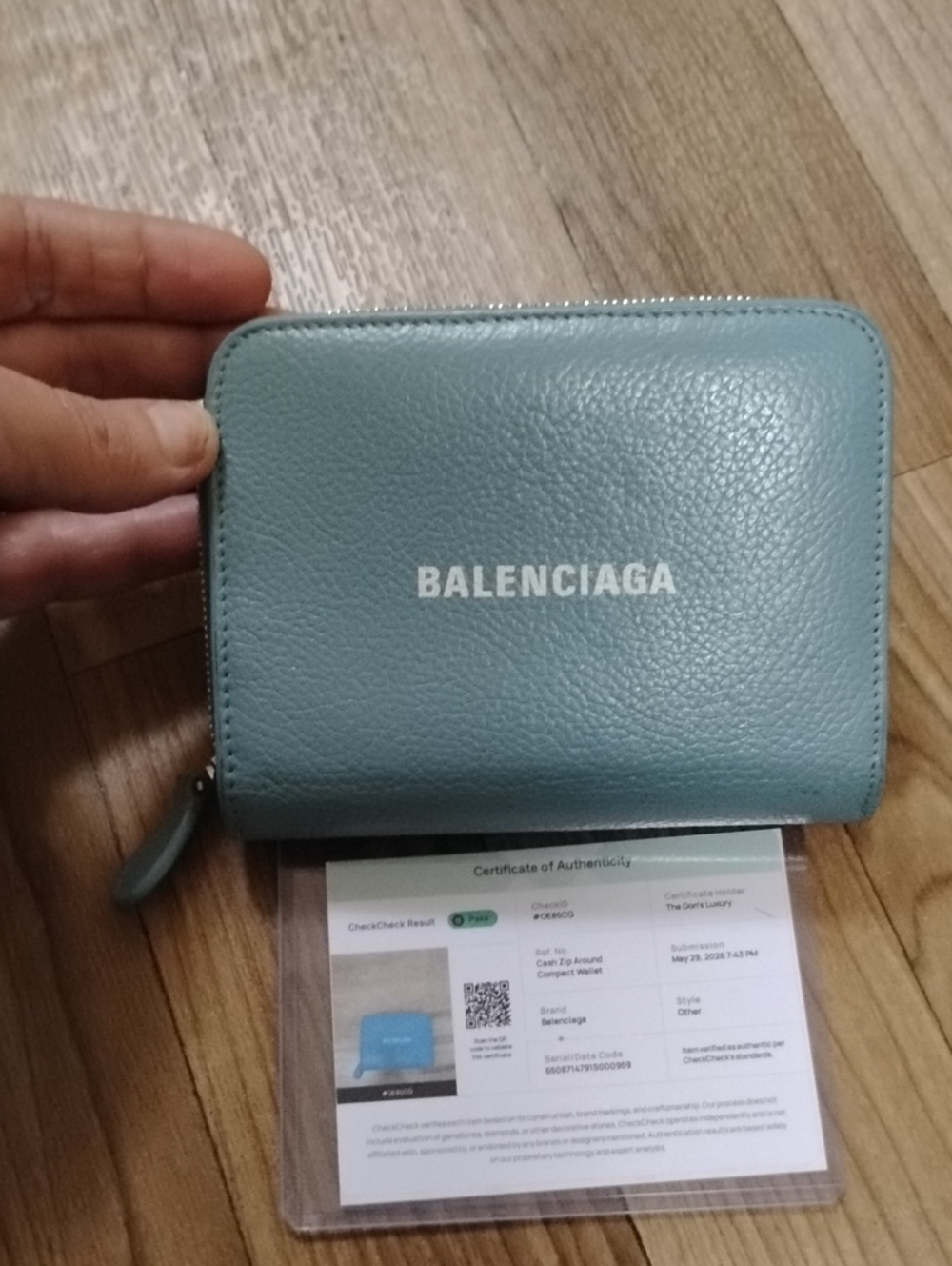 Balenciaga Pebbled Leather Zip Wallet in Dusty Blue